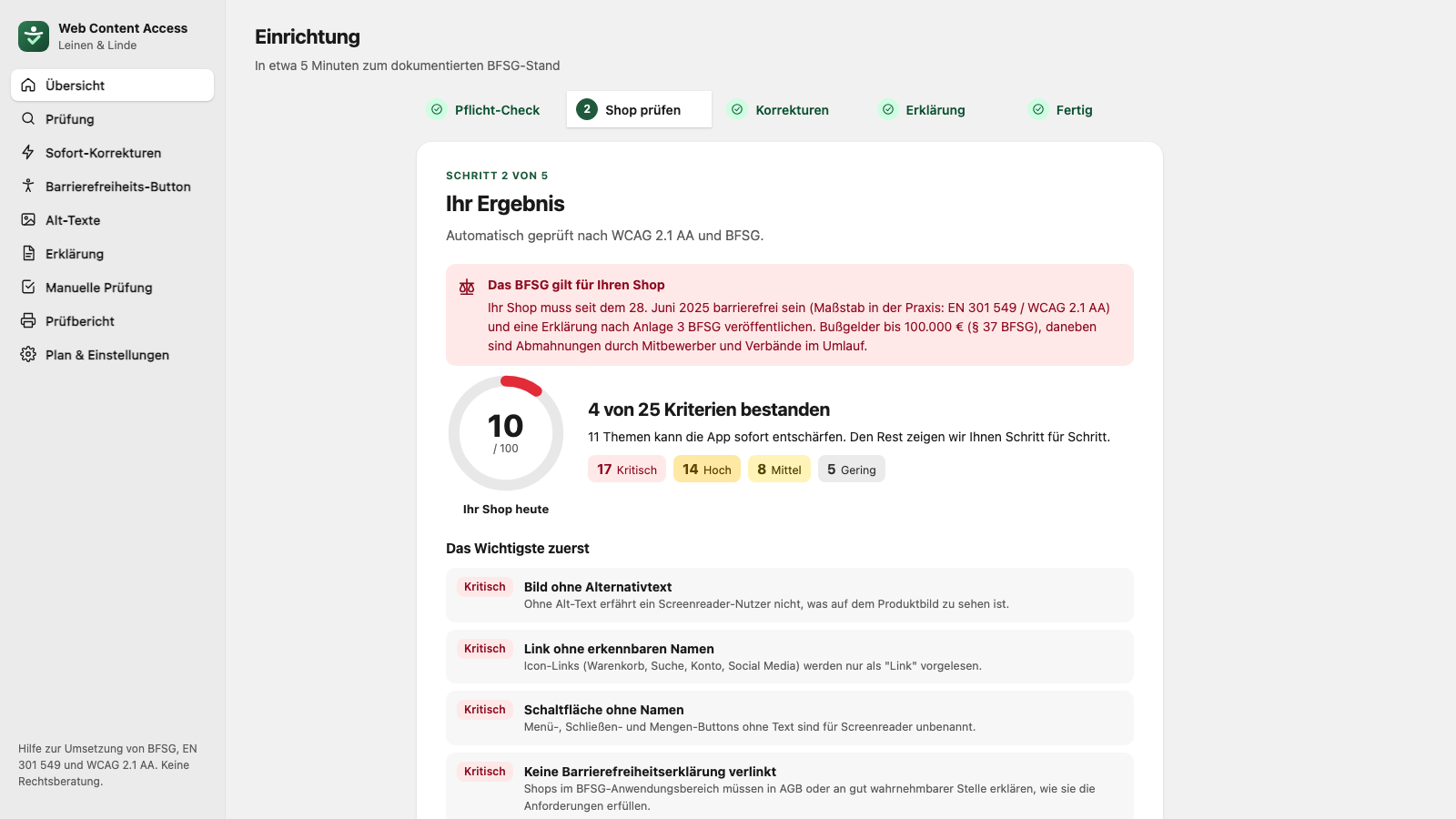 Einrichtung in fünf Schritten: Pflicht-Check, Shop prüfen, Korrekturen, Erklärung, Fertig